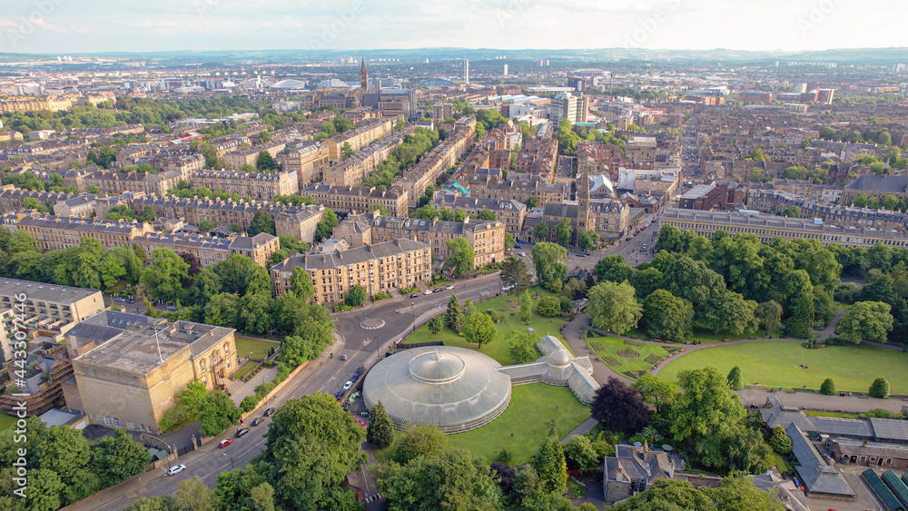 Low-level aerial image over the Botanic Gardens in the West End of Glasgow. 