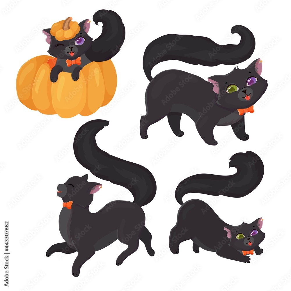 Set Cute black kitten with an orange bow. Mystical animal for Halloween. Heterochromia. Vector illustration isolated on white background.