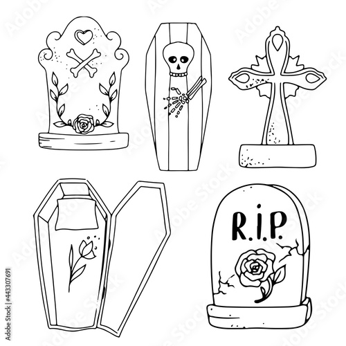 Tombstone. Monument from the cemetery is an element of decoration for Halloween. Coloring. Gloomy Doodles. Vector illustration isolated on white background