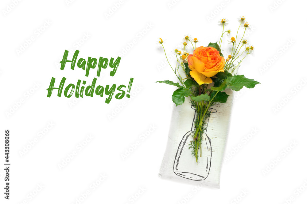 Wrapping paper gift with a bouquet of yellow roses, delicate daisies and vase illustration on white background. Creative holiday present. Wrapping paper gift with a bouquet of yellow roses, delicate daisies and vase illustration on white background. Creative holiday present.