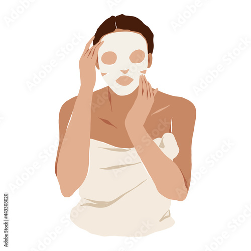 Woman applying moisturizing sheet mask on her face, anti aging skincare ritual, young beautiful female wearing bath towel putting on a face mask, vector cartoon illustration isolated on white