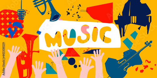 Music promotional banner with musical instruments colorful vector illustration. Violoncello, piano, mic, euphonium, trumpet poster for live concert events, jazz music festivals and shows, party flyer