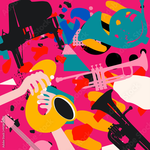 Music promotional poster with musical instruments colorful vector illustration. Piano, sax, trumpet, guitar, French horn, euphonium for live concert events, jazz music festivals and shows, party flyer