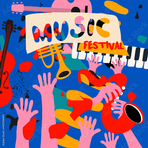 Music promotional poster with musical instruments colorful vector illustration. Violoncello, piano, trumpet, guitar, saxophone design for live concert events, music festivals and shows, party flyer
