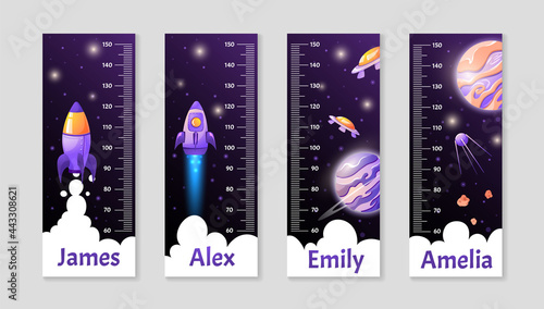 Set of Kids height chart or Growth ruler with cartoon fantasy planets and rockets. Vector isolated children illustration