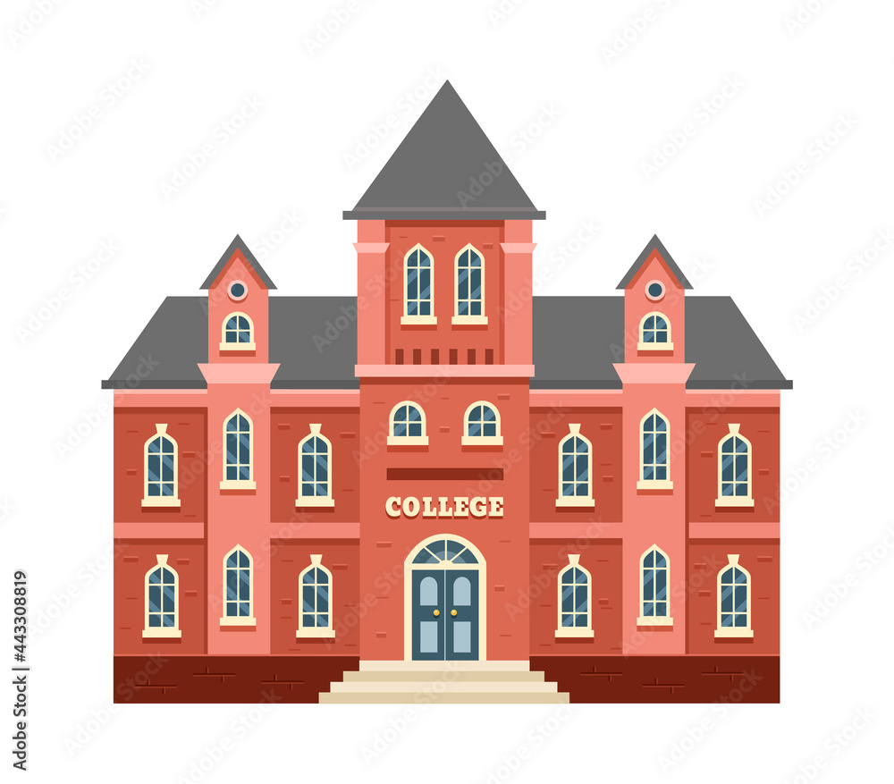 College building. Academic building, university in traditional English style. Vector flat illustration on white background College building. Academic building, university in traditional English style. Vector flat illustration on white background