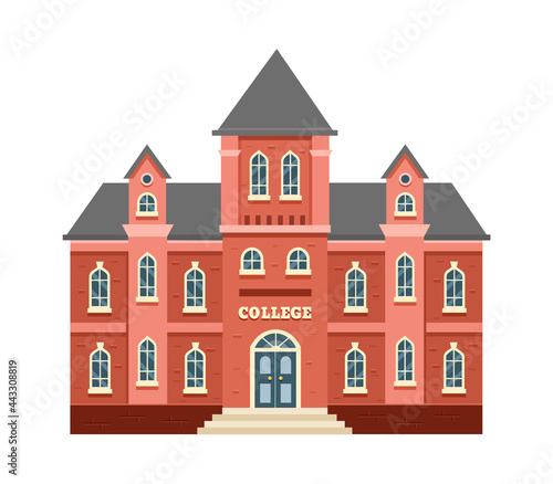 College building. Academic building, university in traditional English style. Vector flat illustration on white background