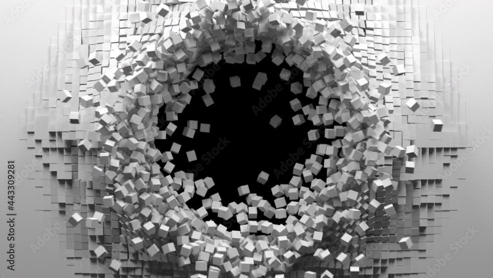 White cubes move out from the center of screen, a hole formed and reveals a black background. Abstract 3D animated intro. Alpha channel as matte mask included.