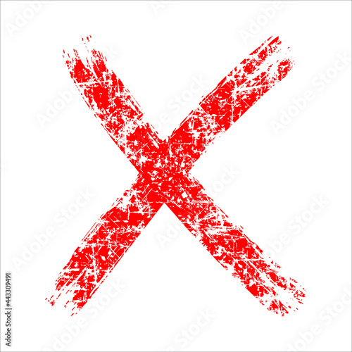 Red X grunge mark. Two crossed brush strokes. background. Distress texture of spots, stains, ink, dots, scratches. Vector illustration. Grungy style rejected signs	