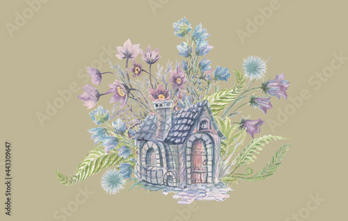 Wallpaper Mural Flowers fern forest plants leaves watercolor illustration hand drawn. Sketch print textile set decoration bouquet vegetation Torontodigital.ca