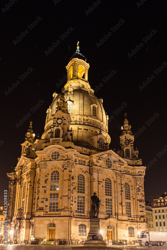 Night view of the Frauenkirche church with statue of Martin Luther on Neumarkt square in the old town of Dresden, Saxony, Germany. Night view of the Frauenkirche church with statue of Martin Luther on Neumarkt square in the old town of Dresden, Saxony, Germany.