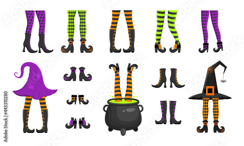  Set of different witch legs in stockings and boots, sticking up from hat and cauldron. Funny design elements for Halloween party, greeting or invitation card or flyer. Vector cartoon illustration.