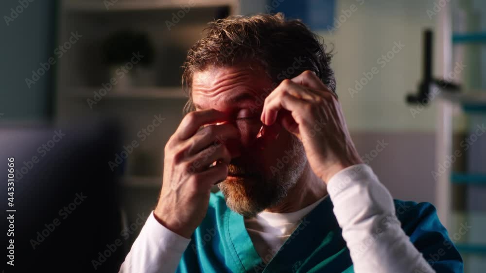 Serious middle aged doctor applying eye patches Serious middle aged doctor applying eye patches