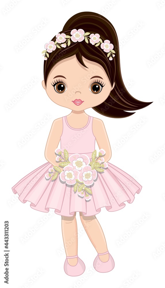 Cute Girl in Pastel Pink Dress with Flowers