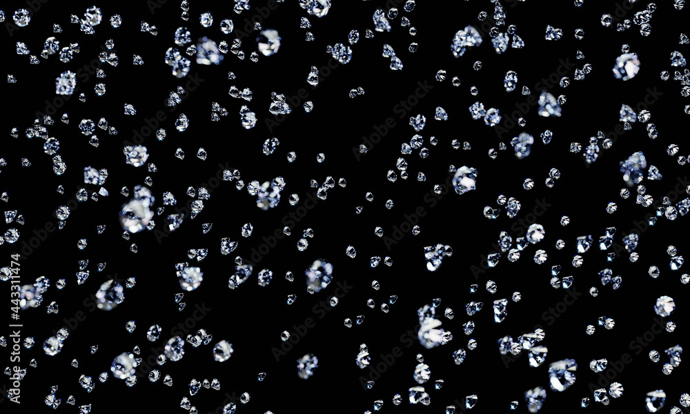 Lots of diamonds of various sizes falling from above with a black background to use as background or wallpaper . 3D Rendering Lots of diamonds of various sizes falling from above with a black background to use as background or wallpaper . 3D Rendering