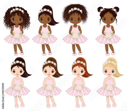 Cute Girls in Pastel Pink Dresses with Flowers