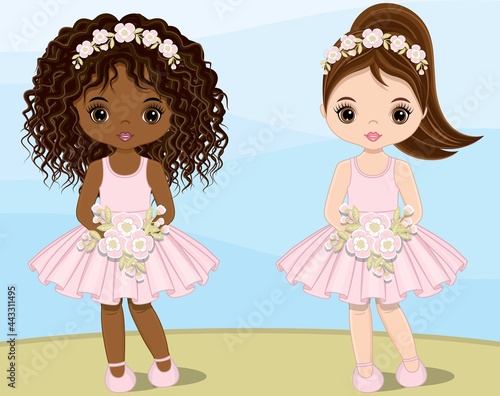 Cute Girls in Pastel Pink Dresses with Flowers