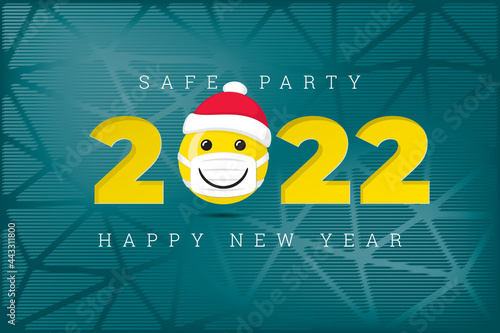  2022 Numerals Logo with Smiling Face Covered with Santa Hat Protected with Mask and Safe Party Lettering Happy New Year Greeting Concept - Yellow on Blue Background - Mixed Graphic Design