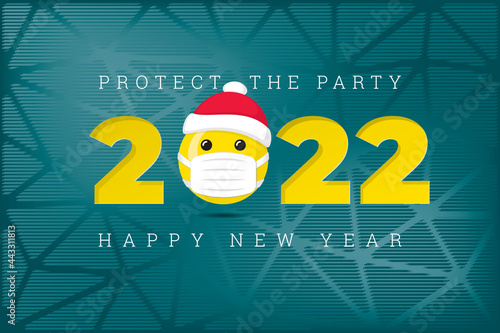 2022 Numerals Logo with Smiling Face in Protection Mask Wearing Santa Hat and Protect Party Lettering Happy New Year Greeting Concept - Yellow on Blue Background - Mixed Graphic Design