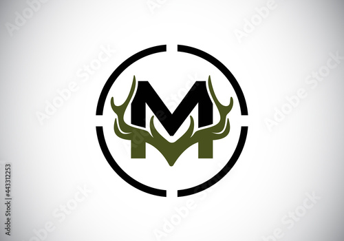 Letter M with deer antlers in target shape, flat style logo design vector template, Hunting inspirations symbol for corporate business identity
