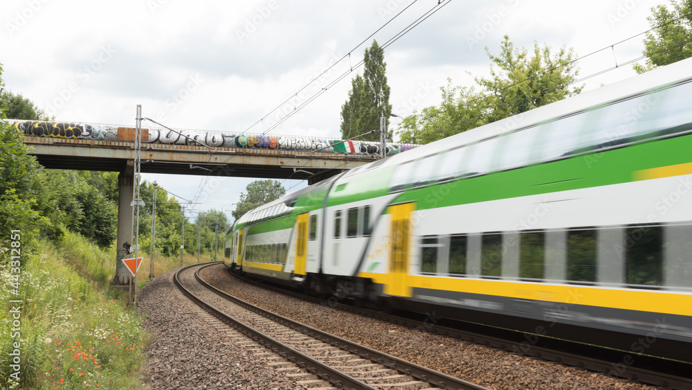 Train moving on railroad tracks