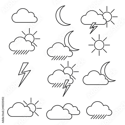Погода набор вектор. Облако контур. Дождь контур. Гроза контур. Weather. Set of 12 vector icons in a linear style. Cloudy, clear weather, rain, thunderstorm, thunderstorm rain.