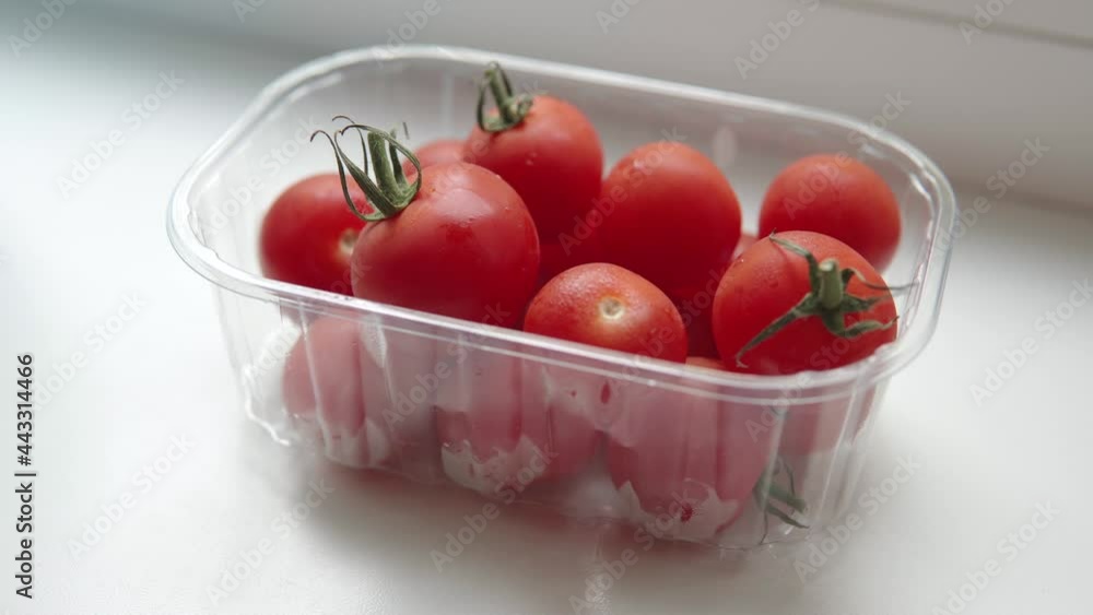 Ripe red juicy organic cocktail tomatoes or cherry tomatoes in a transparent plastic box on the windowsill. Ripe red juicy organic cocktail tomatoes or cherry tomatoes in a transparent plastic box on the windowsill.