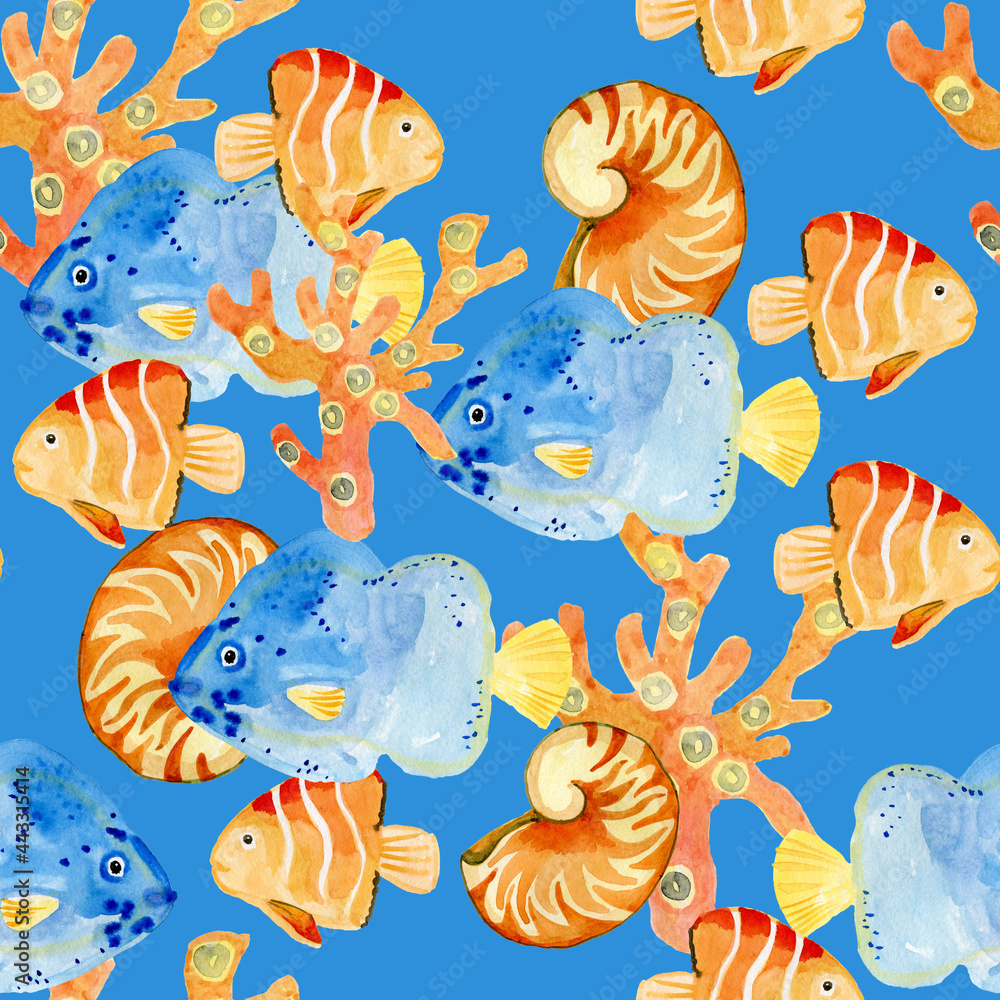 Orange fish on a blue background seamless pattern of jital paper watercolor by hand Orange fish on a blue background seamless pattern of jital paper watercolor by hand