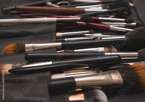 A set of professional accessories make-up artist, brushes for applying cosmetics and makeup, close-up