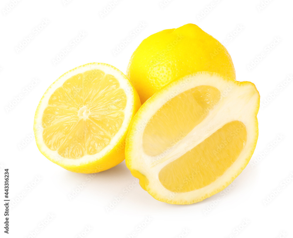 Cut and whole ripe lemons isolated on white Cut and whole ripe lemons isolated on white