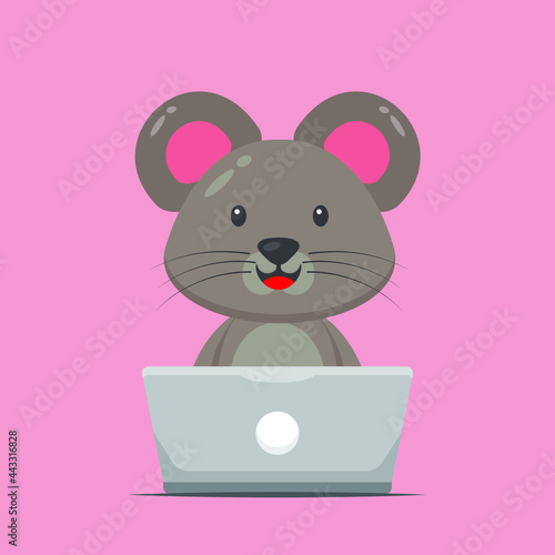 Cute Mouse Working with Laptop