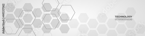 Abstract hexagonal medical soft grey horizontal banner. Technology abstract wide background with hexagonal elements. Innovation medicine, science, healthcare technology or science design.