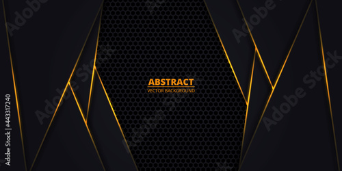 Black and orange abstract vector background with hexagon carbon fiber. Technology background with honeycomb grid and orange luminous lines. Futuristic luxury modern backdrop.