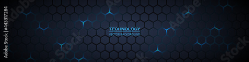 Dark grey and blue horizontal hexagonal technology abstract vector background. Blue bright energy flashes under hexagon in futuristic modern technology wide banner. Dark grey honeycomb texture grid.