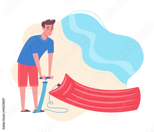 Cheerful man in a T-shirt and shorts inflates a rubber mattress on the beach. Vector illustration in flat style. The water mattress is inflated using a pump
