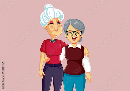 Senior Ladies Being Best Friends Vector Cartoon Illustration