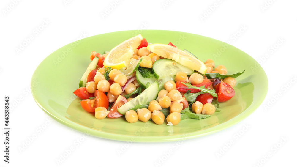 Plate with delicious fresh chickpea salad isolated on white Plate with delicious fresh chickpea salad isolated on white