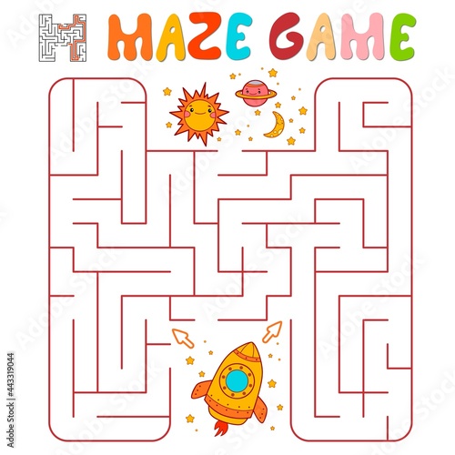 Maze puzzle game for children. Maze or labyrinth game with rocket.