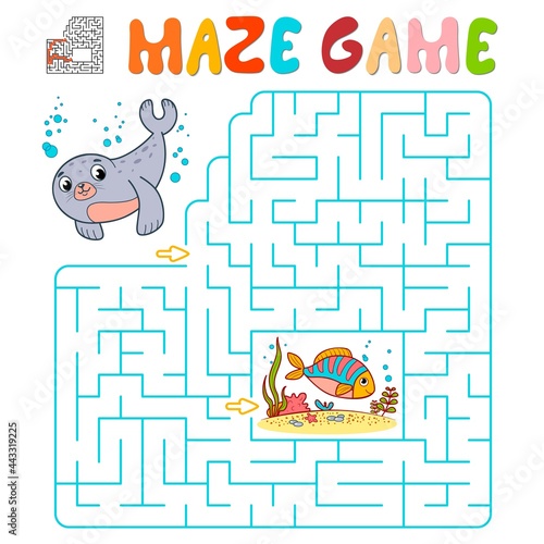Maze puzzle game for children. Maze or labyrinth game with seal.