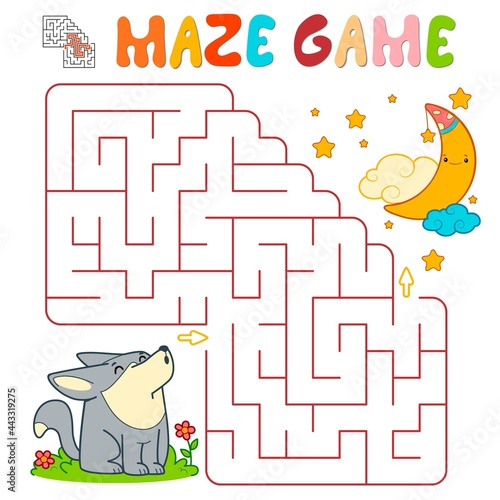 Maze puzzle game for children. Maze or labyrinth game with wolf.