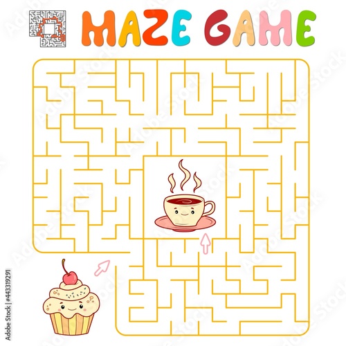 Maze puzzle game for children. Maze or labyrinth game with cake and tea.
