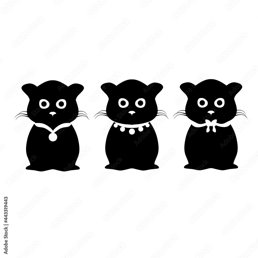 Vector illustration of three black cats graphics. Cat with funny expression has different necklace on white background. Perfect for web and logo designs. Vector illustration of three black cats graphics. Cat with funny expression has different necklace on white background. Perfect for web and logo designs.