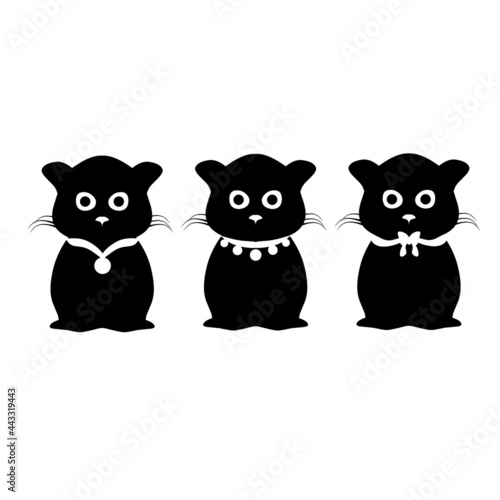 Fototapeta Naklejka Na Ścianę i Meble -  Vector illustration of three black cats graphics. Cat with funny expression has different necklace on white background. Perfect for web and logo designs.