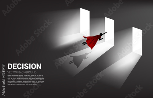 time to make decision in business direction. Silhouette of businessman flying to select door to enter
