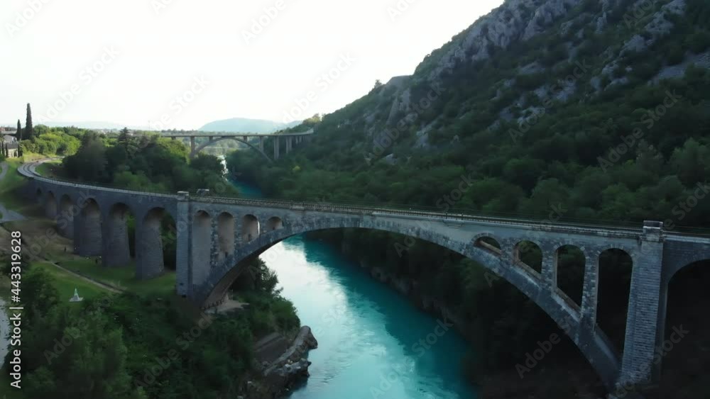 The Solkan Bridge, arch bridge over the Soča River near Nova Gorica in western Slovenia, Europe. World's longest stone arch railroad bridge. The Solkan Bridge, arch bridge over the Soča River near Nova Gorica in western Slovenia, Europe. World's longest stone arch railroad bridge.