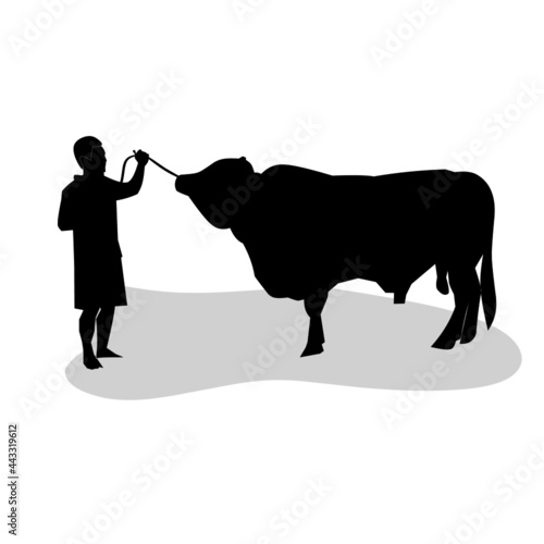 Vector graphic illustration of a man pulling a cow by a rope. A man herds a cow to feed. Perfect for web and logo designs.