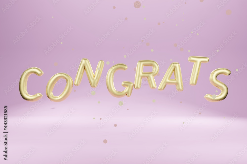 Celebration message CONGRATS greeting card. Golden balloon sparkling on pink background. 3D rendering image. Celebration message CONGRATS greeting card. Golden balloon sparkling on pink background. 3D rendering image.