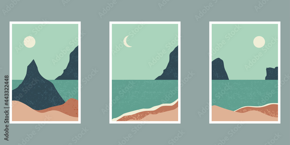 Set of trendy minimalist landscape abstract contemporary collages vector