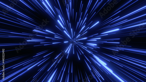 Through space, starfield. Abstract particles, neon rays background.