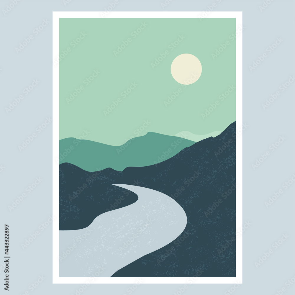 illustration vector mountains river moon wall art poster design 2